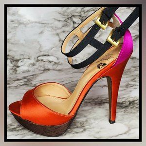 COLIN STUART Women's 6.5 Colorblock Stiletto Heel Double Strap Pink Orange Black